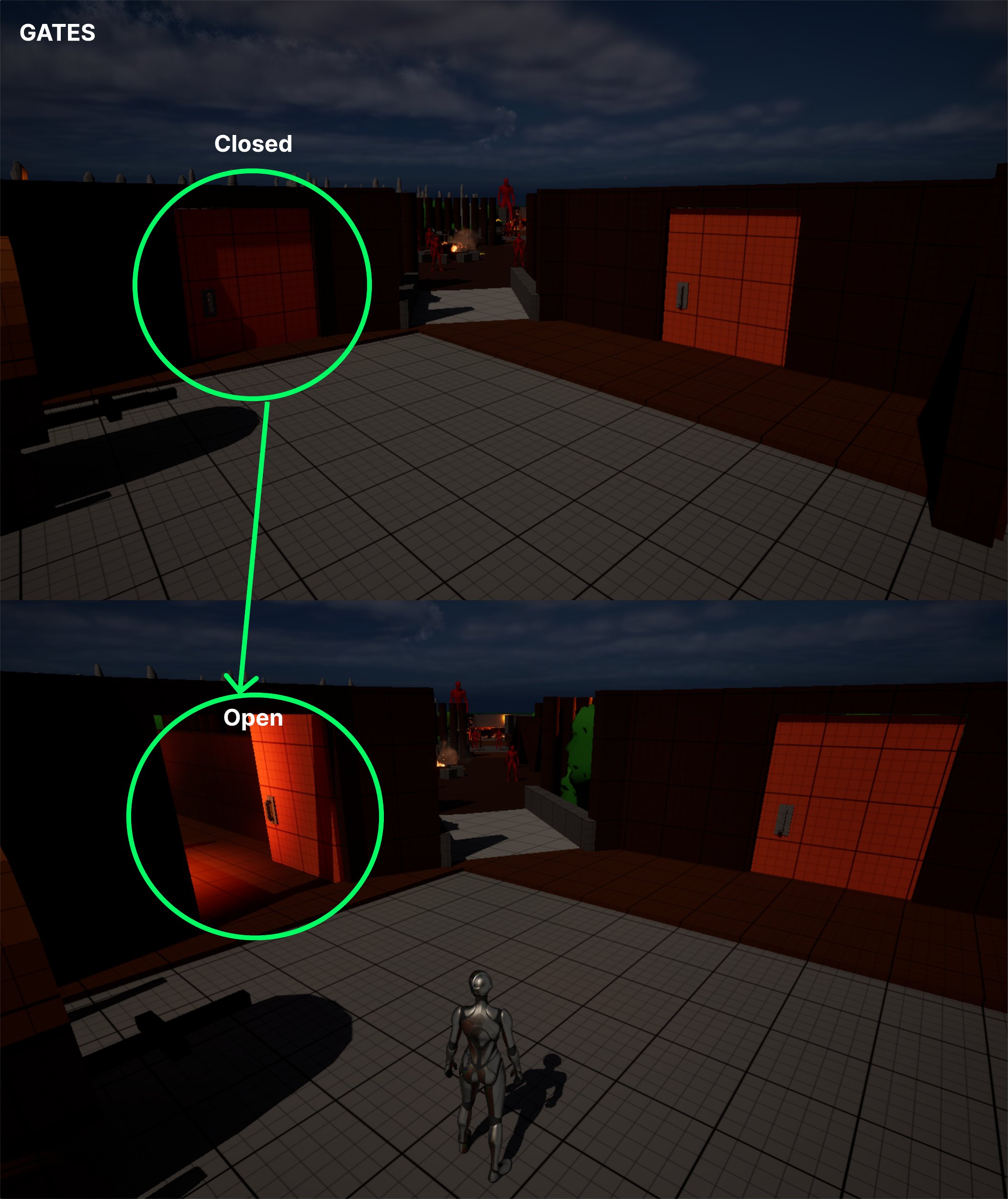 The same door shown closed, then open