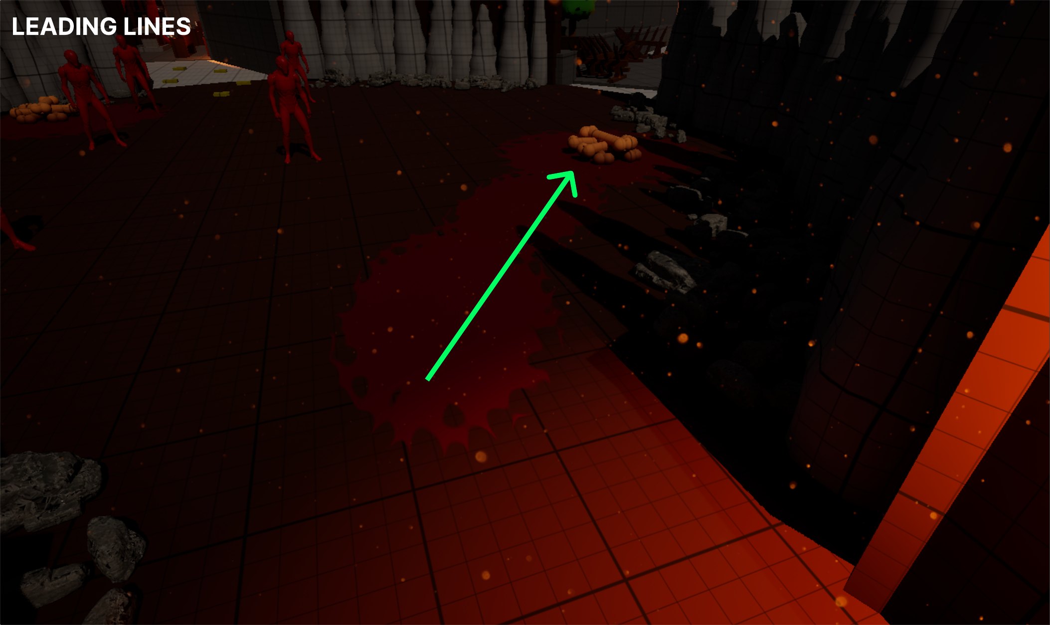 Arrow following a blood trail to a bone pile