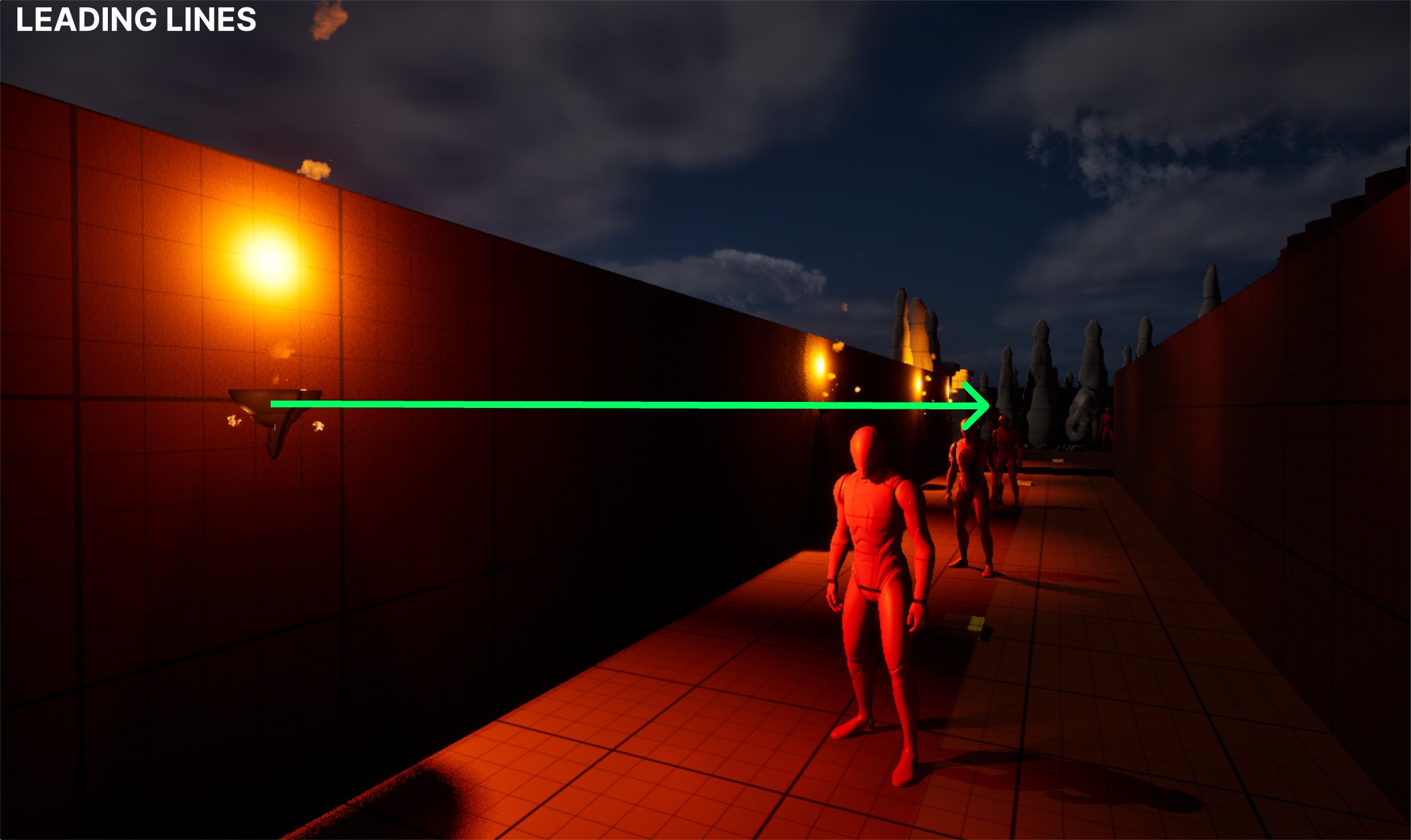 Arrow following a row of wall lights down a corridor