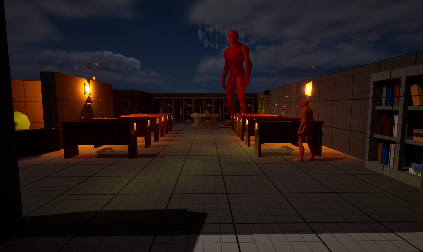 Altar room with pews and the summoning statue